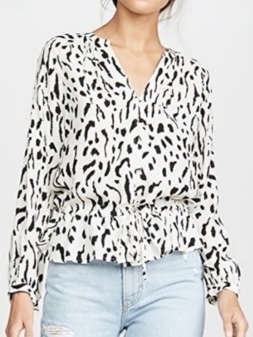 Rails White & Black Printed V-Neck Peplum Blouse